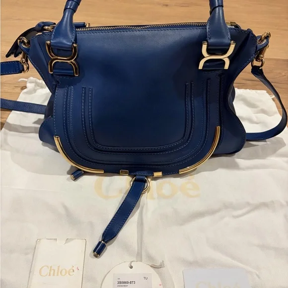 Chloe Marcie Satchel Navy Shoulder Bag with Gold Details